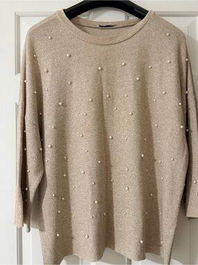 Zara Beige Crewneck Sweater with Pearl Accents